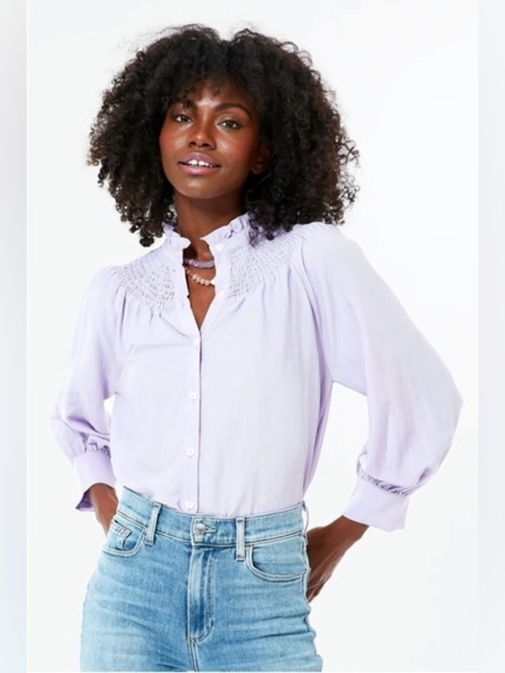 Pomander Place Lavender Emory Smocked Button Down Long Sleeve Blouse Top L